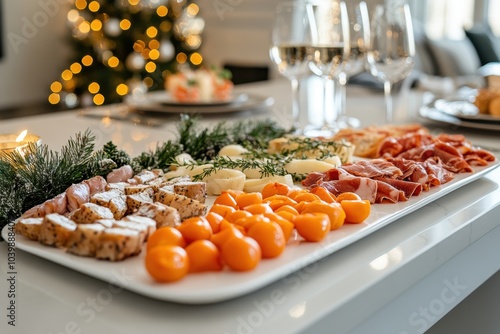 holiday party setup, festive appetizers showcased on a chic white platter in a contemporary kitchen with a touch of christmas ambiance photo