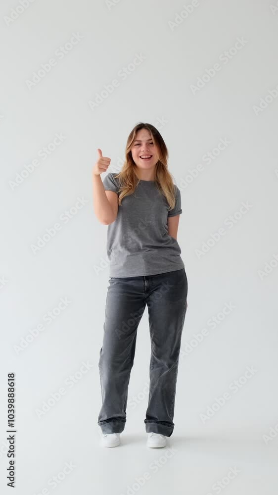 Satisfied Caucasian young adult woman showing thumbs up or like gesture in confirm or approve, standing on white background. Vertical video. Satisfied Caucasian young adult woman showing thumbs up or like gesture in confirm or approve, standing on white background. Vertical video.