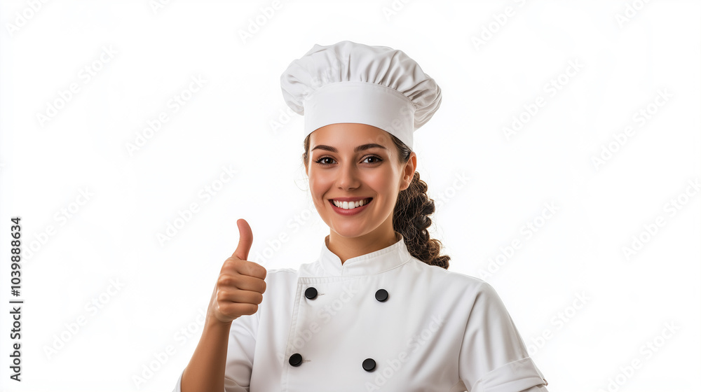 Smiling female chef with thumb up isolated on white Smiling female chef with thumb up isolated on white
