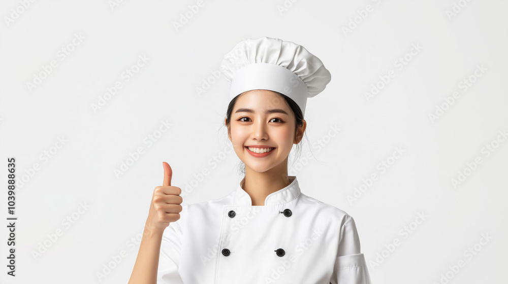 Young female asian chef with thumb up Young female asian chef with thumb up
