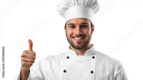 Handsome chef with thumb up gesture on white background 