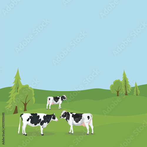 Vector illustration group of cattle in green grass field. Group of cow in farm field concept, dairy cow, farmland, rural view, farming agriculture, mountain nature