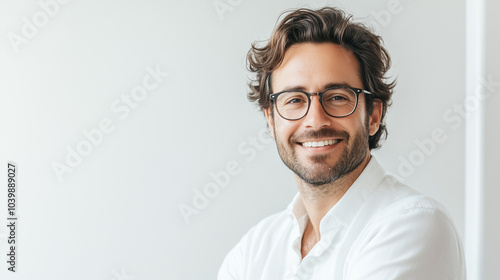 Smiling casual man in glasses and white shirt 