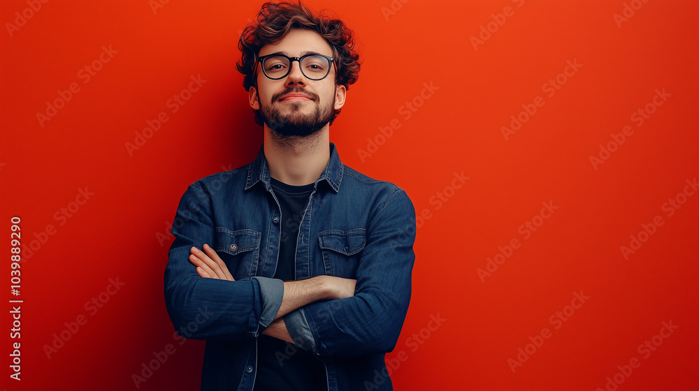 Fototapeta premium Confident nerdy young man on red background 