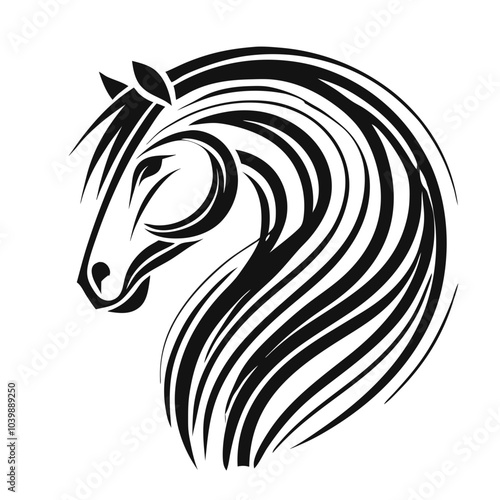 Stylized black and white profile of a horse with flowing mane and elegant features