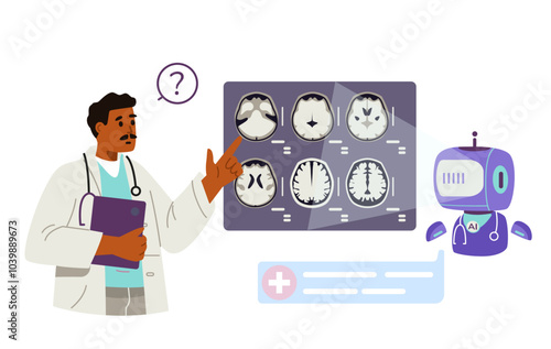 Artificial intelligence in medicine concept flat vector illustration isolated on white. African American medical worker using AI for brain MRI scan analysis.
