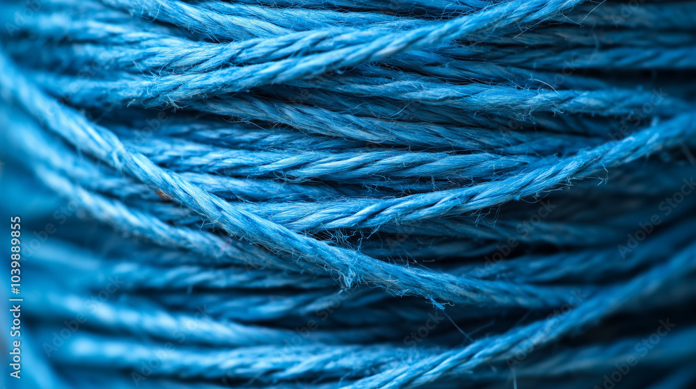 Close up on bright blue rope on a roll Close up on bright blue rope on a roll
