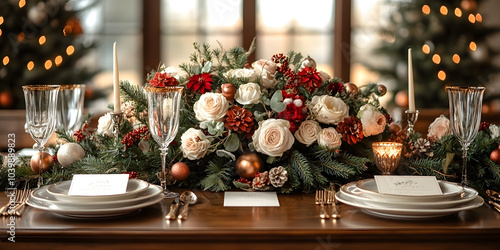 Elegant Table Set with Christmas Decorations
