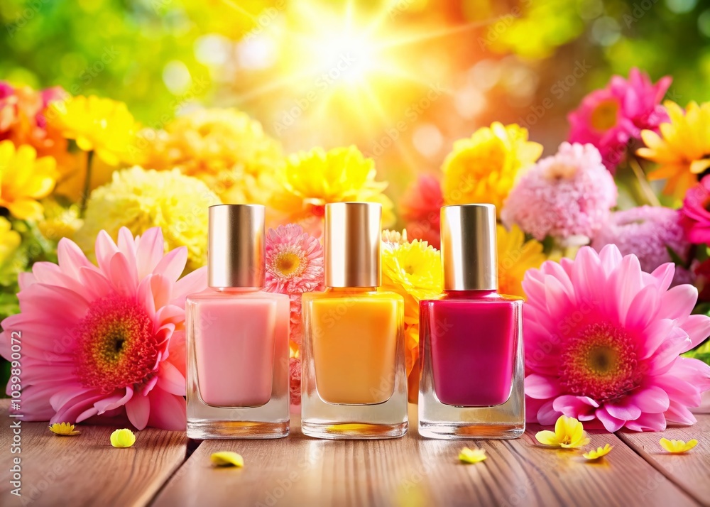 Colorful Nail Polish Bottles with Flowers on Sunlit Background for Beauty and Fashion Themes Colorful Nail Polish Bottles with Flowers on Sunlit Background for Beauty and Fashion Themes