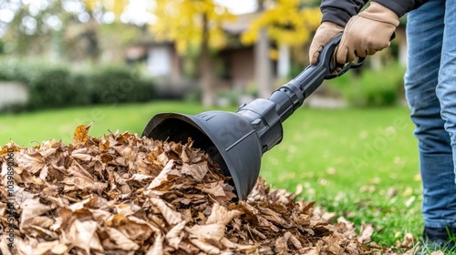 Wallpaper Mural The man is actively using a leaf blower to remove fallen leaves from his yard, demonstrating efficient outdoor cleanup Torontodigital.ca