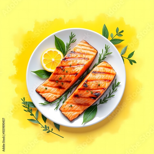 Grilled Salmon with Lemon and Herbs on Vibrant Yellow Background