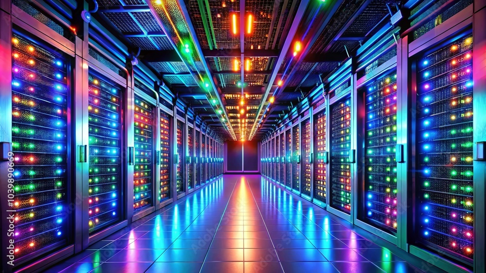 A mesmerizing corridor lined with vibrant server racks, their lights reflecting in the polished floor, creating an ethereal glow. A mesmerizing corridor lined with vibrant server racks, their lights reflecting in the polished floor, creating an ethereal glow.