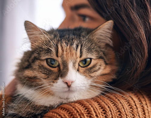 A relaxed happy portrait of a fluffy cat curled up on its owner's shoulder