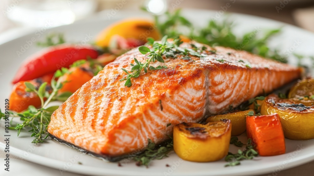 Grilled Salmon with Colorful Vegetables on Plate Grilled Salmon with Colorful Vegetables on Plate