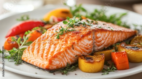 Grilled Salmon with Colorful Vegetables on Plate