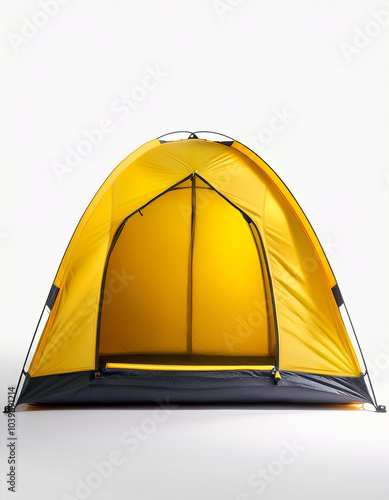 Ready for adventure! A vibrant yellow dome tent awaits, pitched and open, inviting exploration and relaxation under the stars. Perfect for camping!