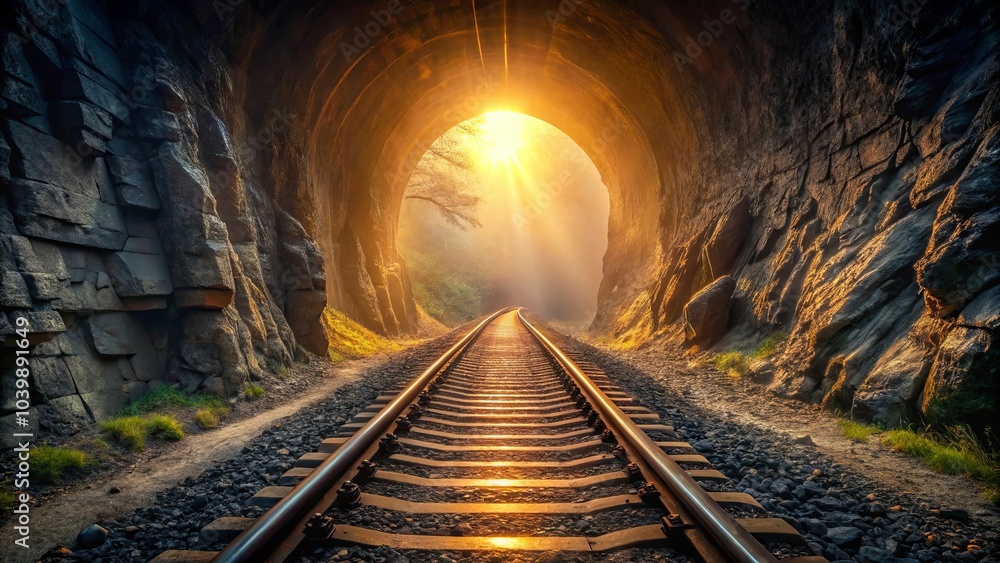 Naklejka premium A tunnel of stone and sunlight, where a railway track leads towards a brilliant horizon of hope and possibility