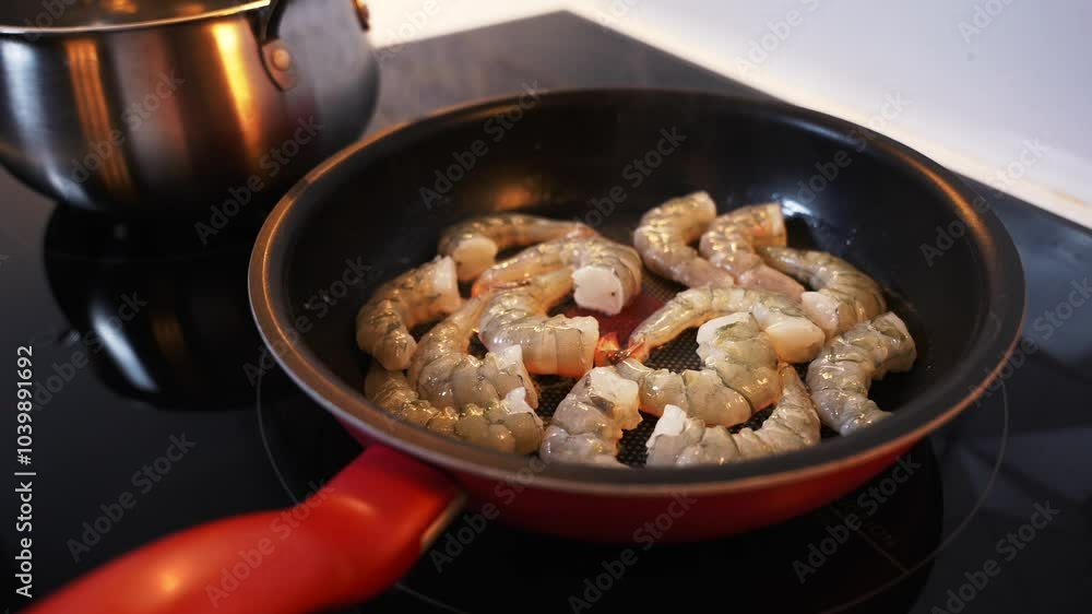 Close-up of raw peeled shrimps frying in a black pan on electric stove Close-up of raw peeled shrimps frying in a black pan on electric stove