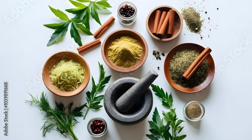 Traditional Herbs and Spices Flat Lay with Mortar and Pestle on White Background