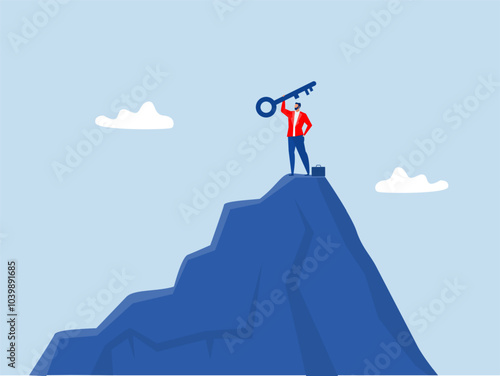 Key win to business success concept,businessman winner walk up to top on mountain lifting  achieve career target concept success key to the sky.
