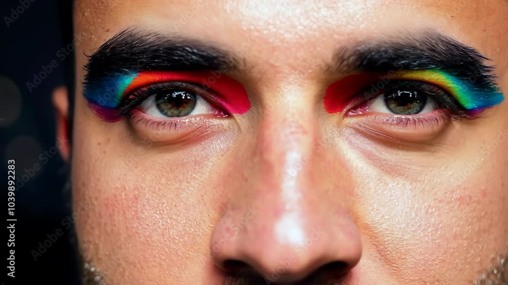 Gay man with rainbow eyeshadow. Lgbt parade celebration. Lgbtq party make up. Close-up person eyes adorned with colorful makeup. Beauty, fashion, and LGBTQ+. Beautiful guy look at camera, portrait. Gay man with rainbow eyeshadow. Lgbt parade celebration. Lgbtq party make up. Close-up person eyes adorned with colorful makeup. Beauty, fashion, and LGBTQ+. Beautiful guy look at camera, portrait.