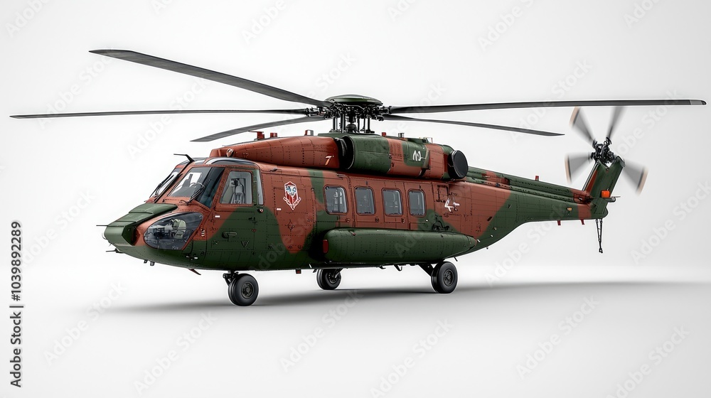 Fototapeta premium A military helicopter with a camouflage paint scheme, isolated on a white background.