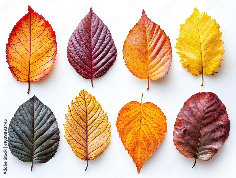 Obraz premium a collection of autumn leaves isolated on a pure white background, showcasing a variety of shapes and colors that celebrate the beauty of the fall season