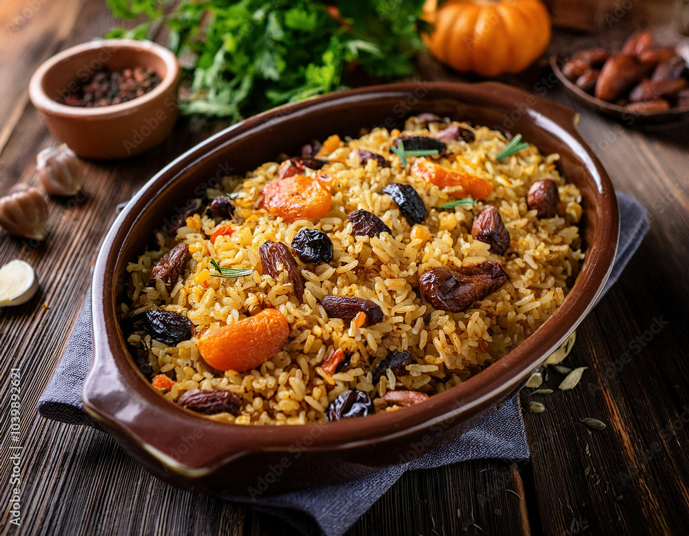 Pilaf with raisins and dried apricots in a rustic clay pot on wooden table with ingredients Pilaf with raisins and dried apricots in a rustic clay pot on wooden table with ingredients