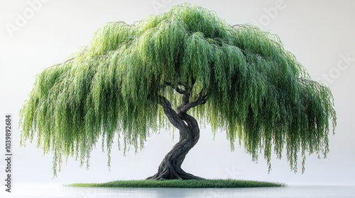 A majestic willow tree with cascading leaves beside water.