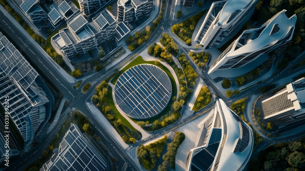 Fototapeta premium A futuristic renewable energy-powered city with solar farms and sustainable urban infrastructure, Urban style, photo of