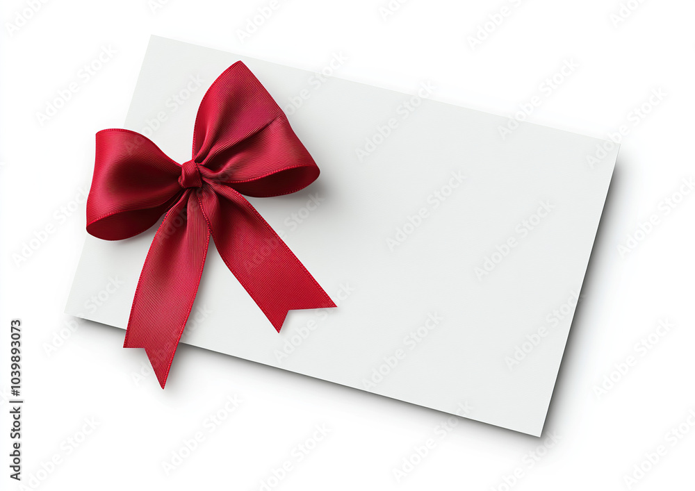 Elegant Gift Card with Red Ribbon Bow on White Background Elegant Gift Card with Red Ribbon Bow on White Background