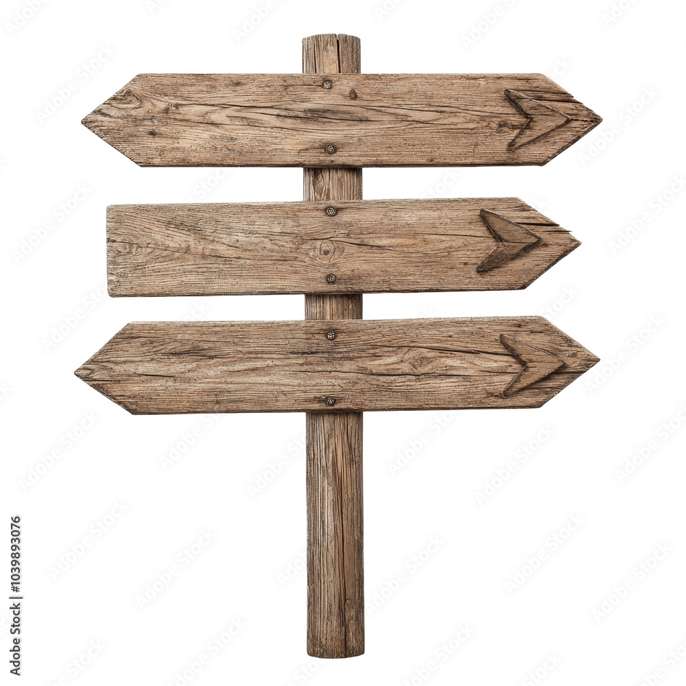 Wooden directional sign with three arrows on a white isolated background. Wooden directional sign with three arrows on a white isolated background.