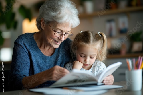 A comforting indoor scene where an elderly woman reads a book to her young granddaughter, highlighting a serene moment of shared imagination and storytelling.