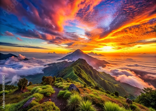 Colorful Sunrise at Mount Si Kunir - Breathtaking Scenic View of Dieng Plateau in Wonosobo, Indonesia photo