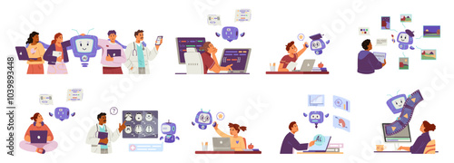 People interacting with artificial intelligence in different spheres concepts set. People using help of AI in programming, business analytics, education, motion design, medicine, illustration