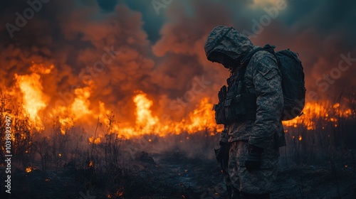 Soldier stands amidst a raging wildfire, reflecting on the chaos.