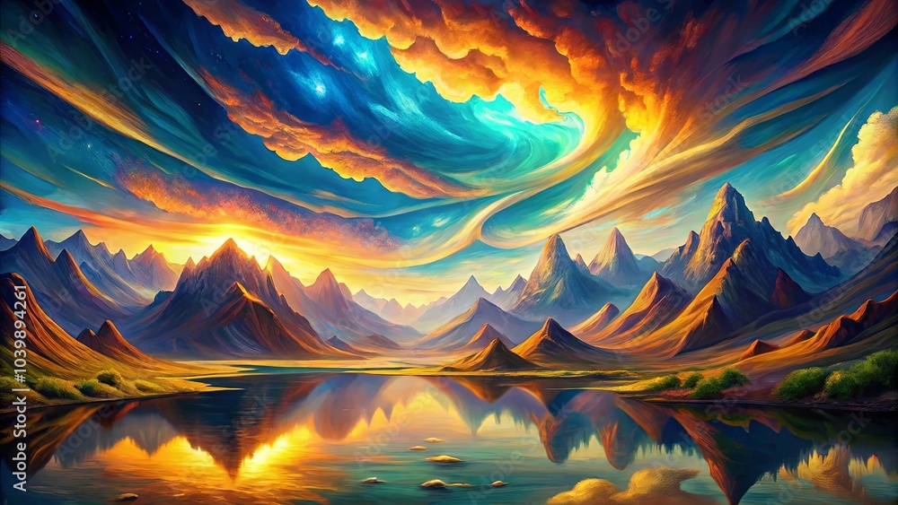 A Serene Lake Reflected Against a Mountain Range, Where Swirling Clouds Ignite the Horizon with Hues of Sunset Gold and Blue A Serene Lake Reflected Against a Mountain Range, Where Swirling Clouds Ignite the Horizon with Hues of Sunset Gold and Blue