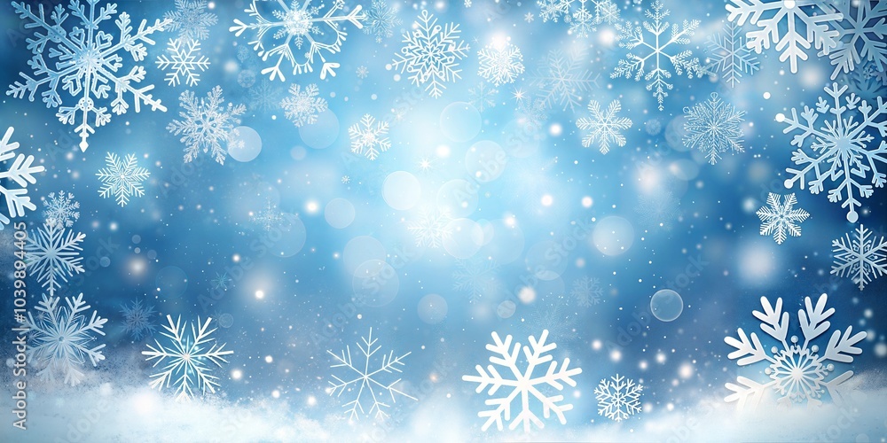 Snowy Blue Background with Snowflakes and Winter Theme, Copy Space Snowy Blue Background with Snowflakes and Winter Theme, Copy Space