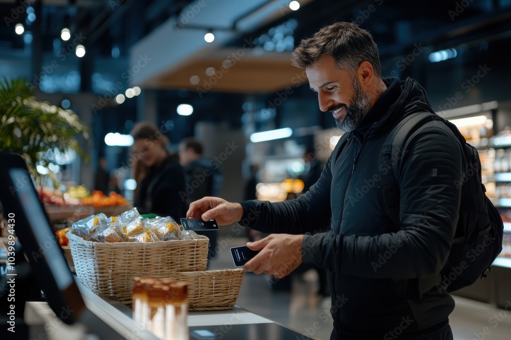 A bearded man in a stylish modern grocery store selects goods by the checkout counter, epitomizing contemporary shopping experiences in urban environments with technologies. A bearded man in a stylish modern grocery store selects goods by the checkout counter, epitomizing contemporary shopping experiences in urban environments with technologies.