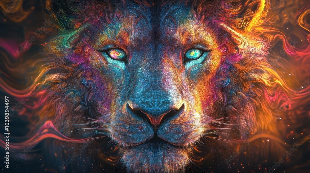 Naklejka premium Vibrant Artistic Lion Portrait with Colorful Abstract Patterns and Intense Gaze in Digital Art Style