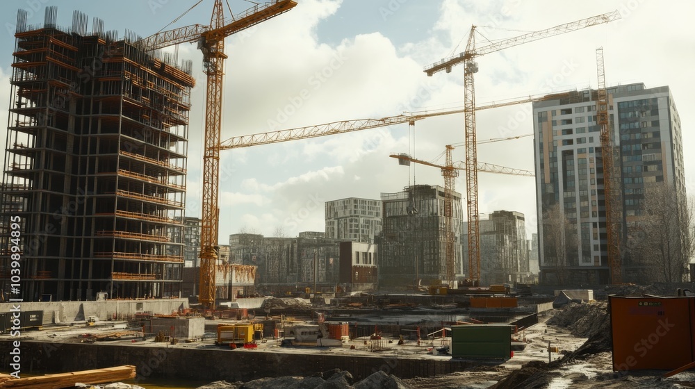 A construction site featuring several cranes, buildings in progress, and a bustling urban environment under a partly cloudy sky. A construction site featuring several cranes, buildings in progress, and a bustling urban environment under a partly cloudy sky.