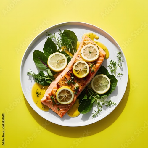 Grilled Salmon with Lemon and Herbs on Vibrant Yellow Background
