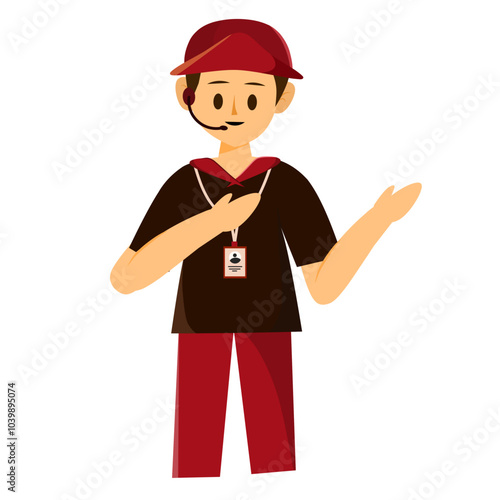 Cartoon illustration of a man with a job as a customer service representative communicating through a microphone