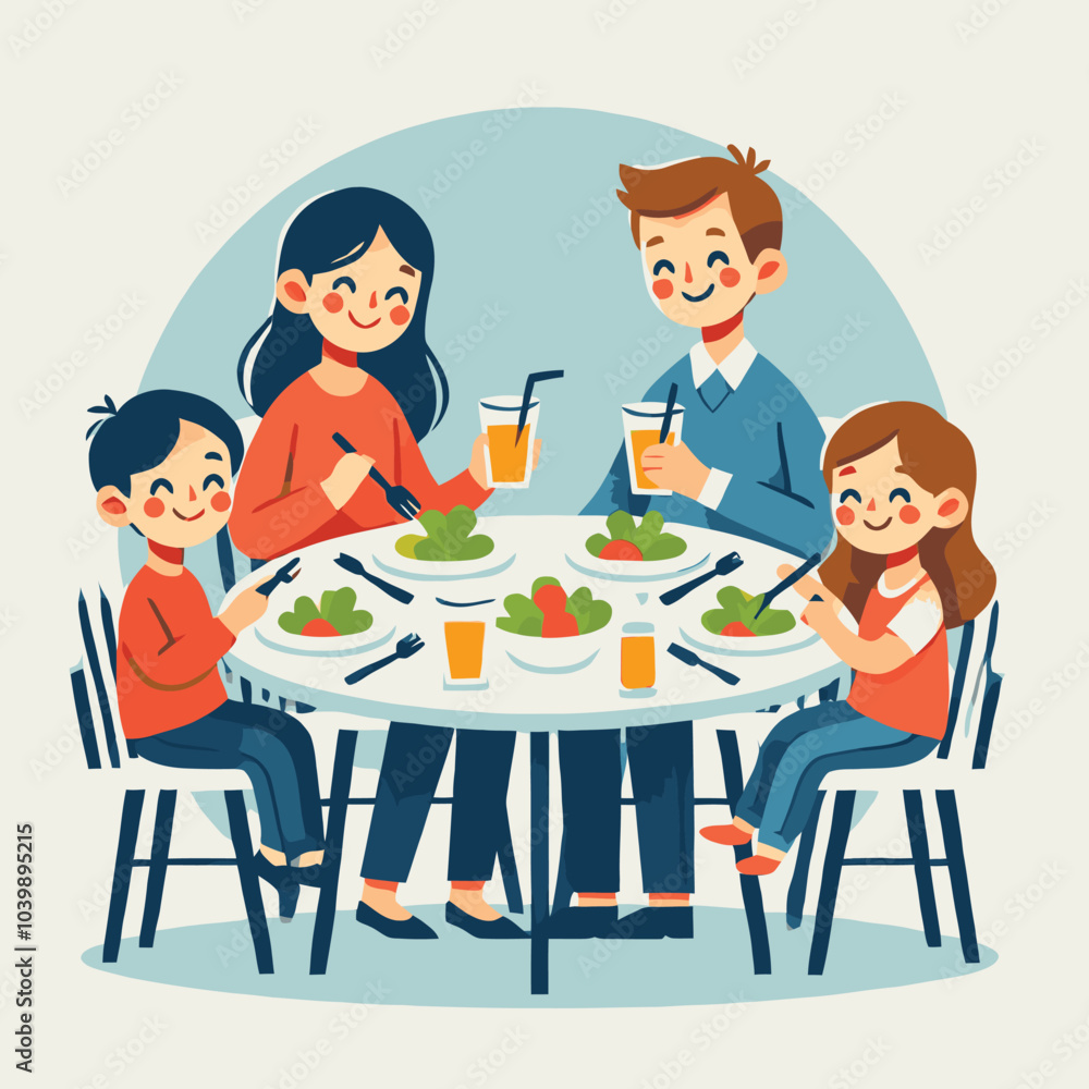 simple flat design of a family enjoying a lunch at a round table simple flat design of a family enjoying a lunch at a round table