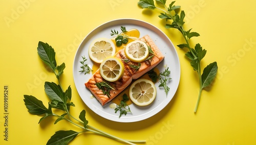 Grilled Salmon with Lemon and Herbs on Vibrant Yellow Background