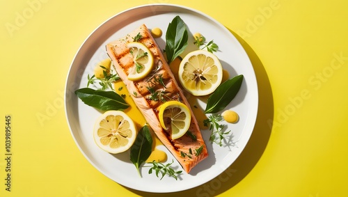 Grilled Salmon with Lemon and Herbs on Vibrant Yellow Background