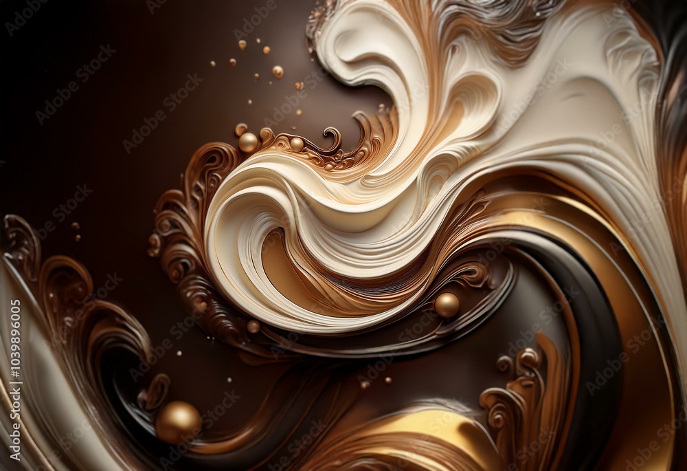 Abstract swirling pattern with shades of brown and white. The background is dark brown and is accented by several small, round gold spheres. Abstract swirling pattern with shades of brown and white. The background is dark brown and is accented by several small, round gold spheres.