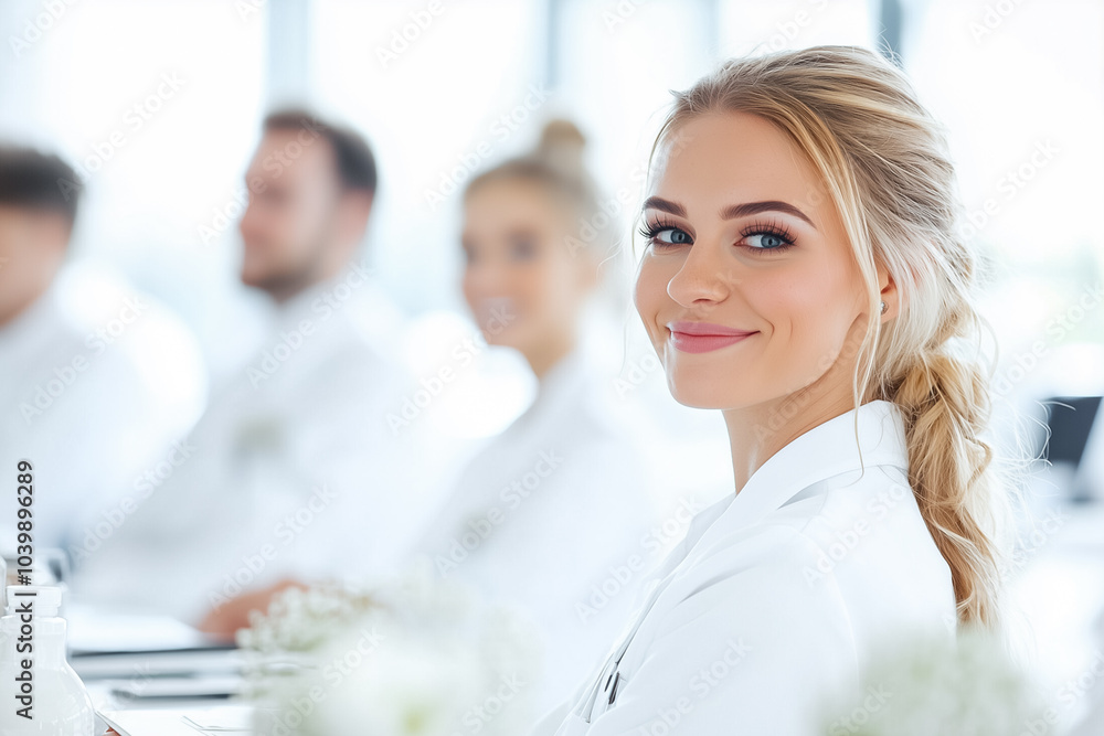 Smiling students in white attire collaborate eagerly, demonstrating enthusiasm and teamwork in their learning session Smiling students in white attire collaborate eagerly, demonstrating enthusiasm and teamwork in their learning session