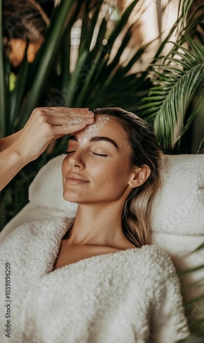 Woman receives a facial treatment with her eyes closed.