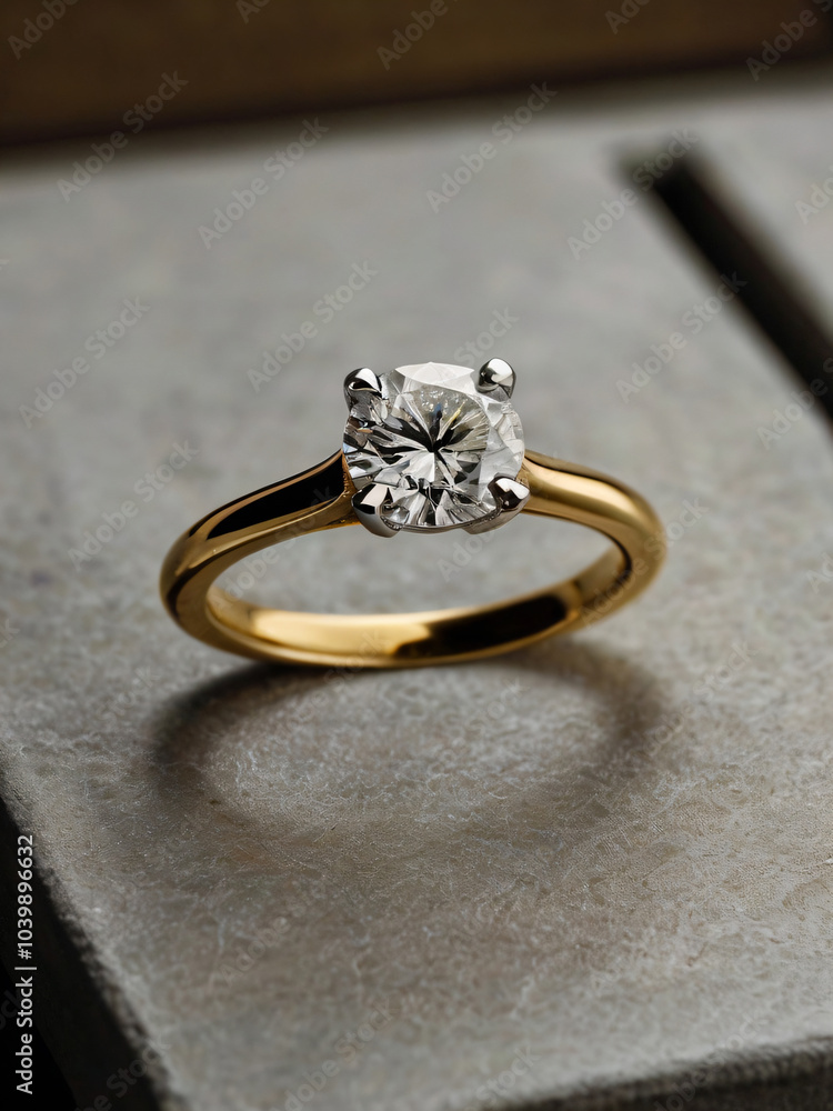 An elegant diamond engagement ring with a prominent solitaire, set on a slender gold band. An elegant diamond engagement ring with a prominent solitaire, set on a slender gold band.